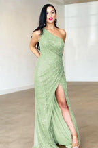 Burgundy One-Shoulder Split Mermaid Evening Dress with Backless BM bride