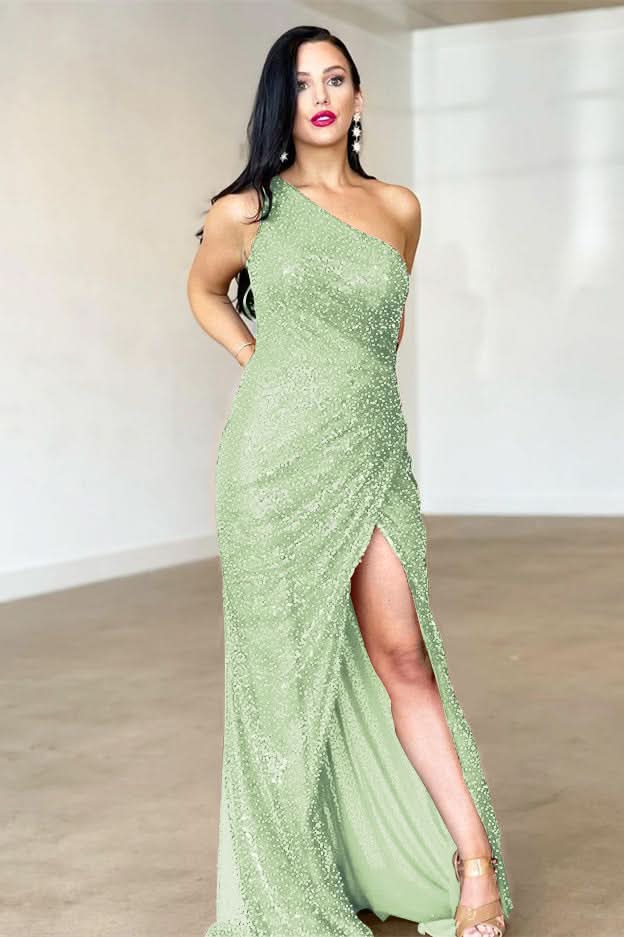 Burgundy One-Shoulder Split Mermaid Evening Dress with Backless BM bride