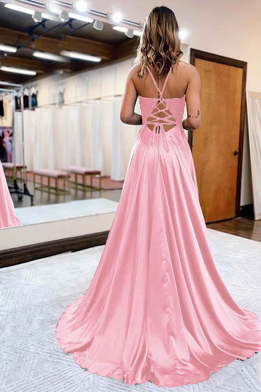 Dark Green Satin A-Line Appliques Prom Dress with Slit