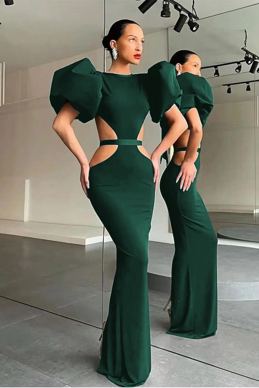 Black Shiny Mermaid Puff Sleeves Evening Dress Online BM bride