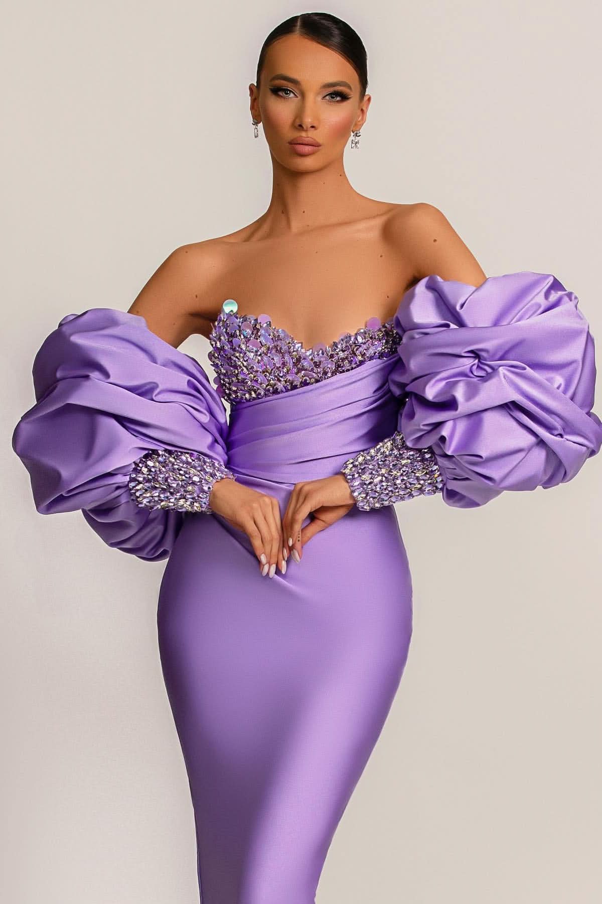 Purple Mermaid Prom Dress with Bubble Sleeves BM bride