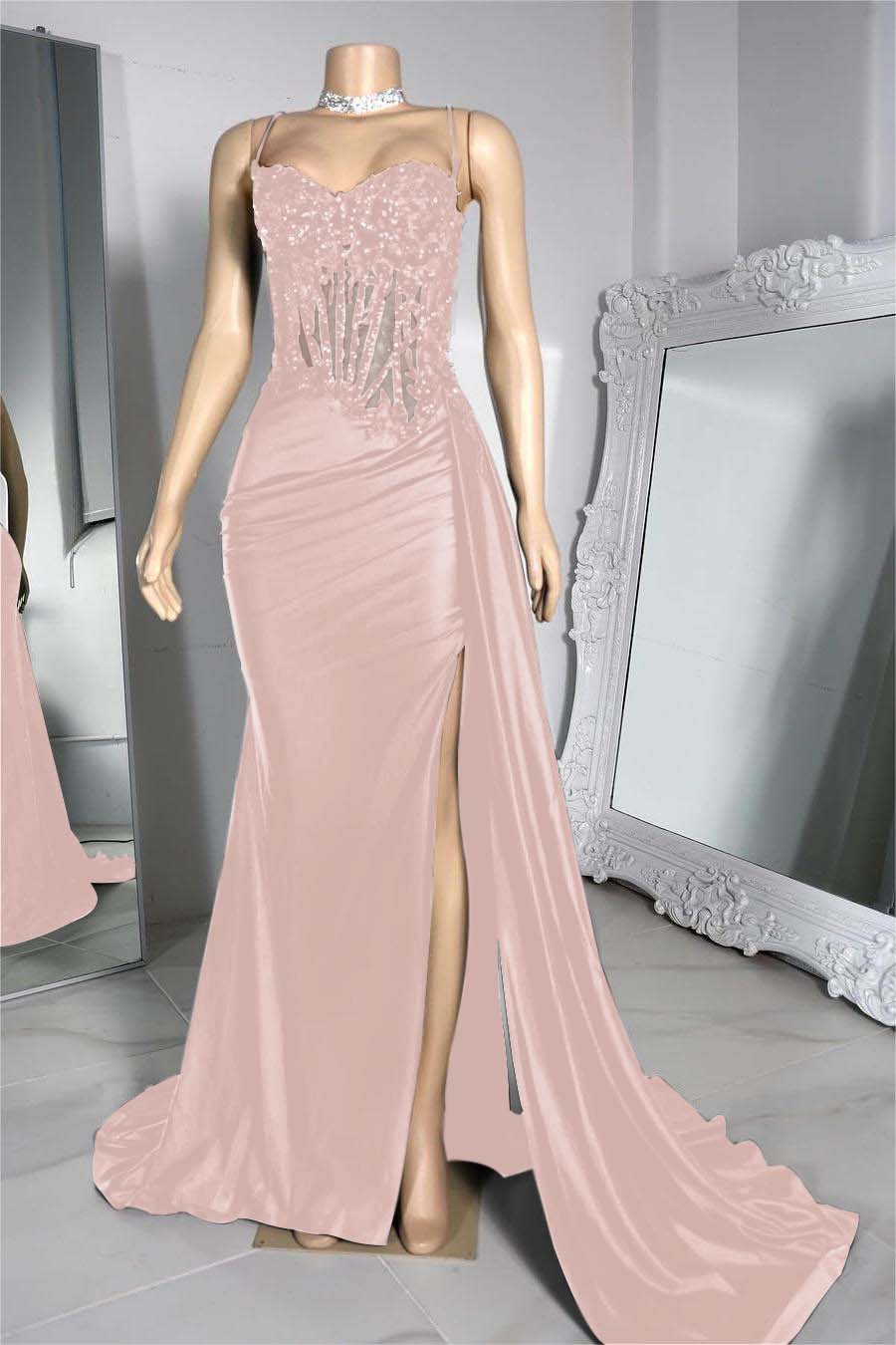 Exquisite Black Spaghetti Strap Sleeveless Pleated Long Split Prom Dress With Beading BMBRIDE