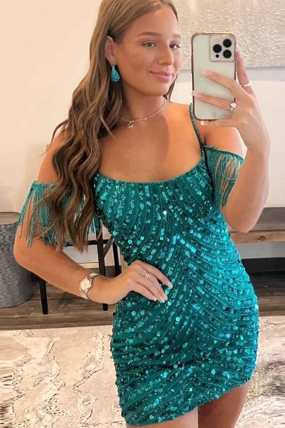 Sparkly Turquoise Tight Sequins Short Homecoming Dress with Fringes Bmbride