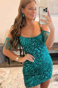 Sparkly Turquoise Tight Sequins Short Homecoming Dress with Fringes Bmbride