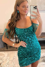 Sparkly Turquoise Tight Sequins Short Homecoming Dress with Fringes Bmbride