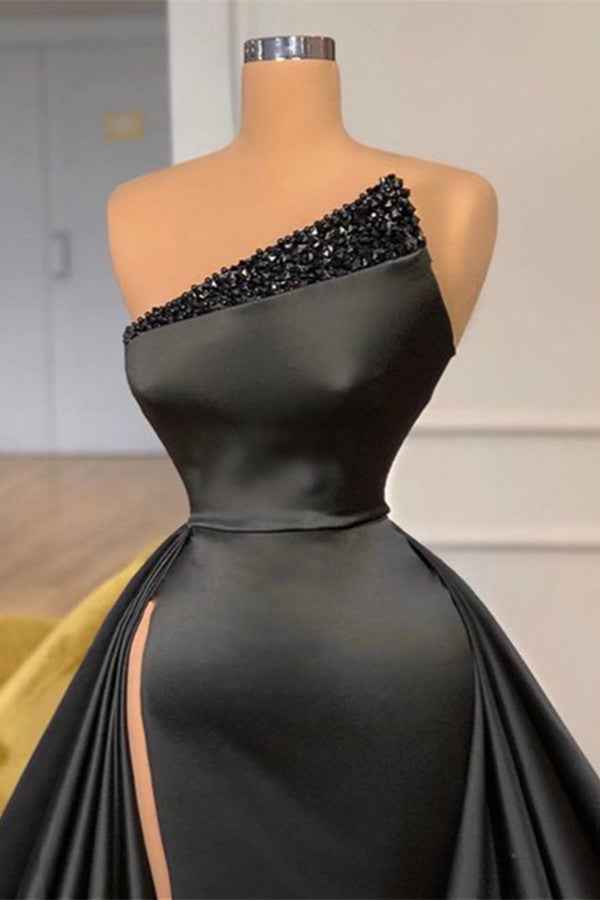 Black Overskirt One Shoulder Sleeveless Long Split Prom Dress With Beadings