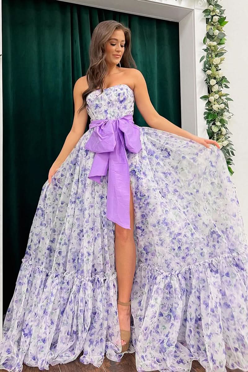 Fashionable Chic Floral Printed Chiffon Strapless Long Prom Dresses,Formal Dresses,Prom Gowns,Women Formal Gowns,Quincea?Era Dresses,Cocktail Dresses,Prom Dress Custom Size with Slit BM bride