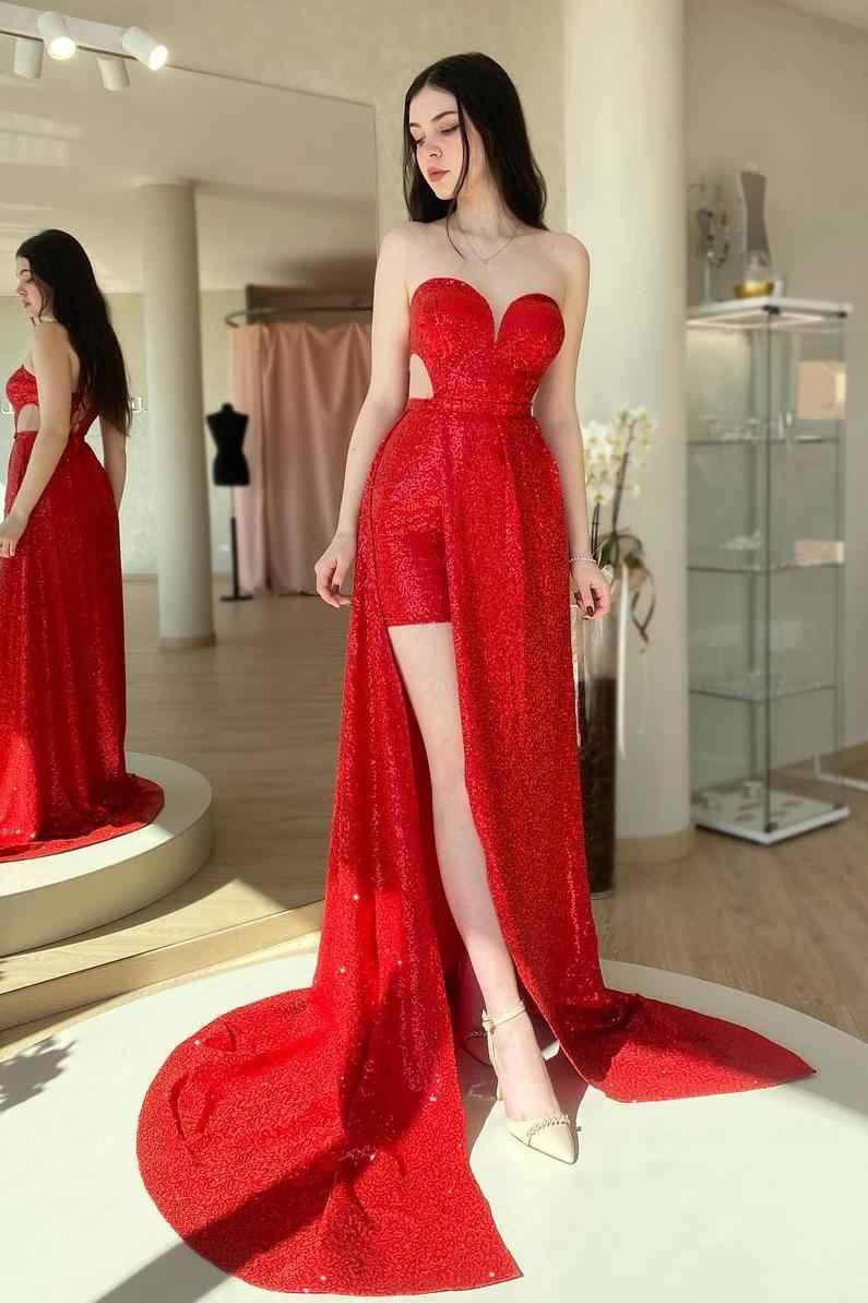 Sequins Strapless Sweetheart Sleeveless Long Prom Dress With Split