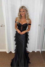Off the Shoulder Sleeveless Mermaid Long Prom Dress With Appliques