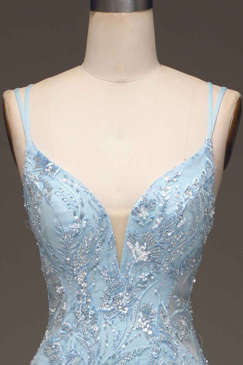 Spaghetti Strap Sleeveless Mermaid Appliques Long Prom Dress With Front Split