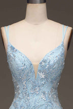 Spaghetti Strap Sleeveless Mermaid Appliques Long Prom Dress With Front Split