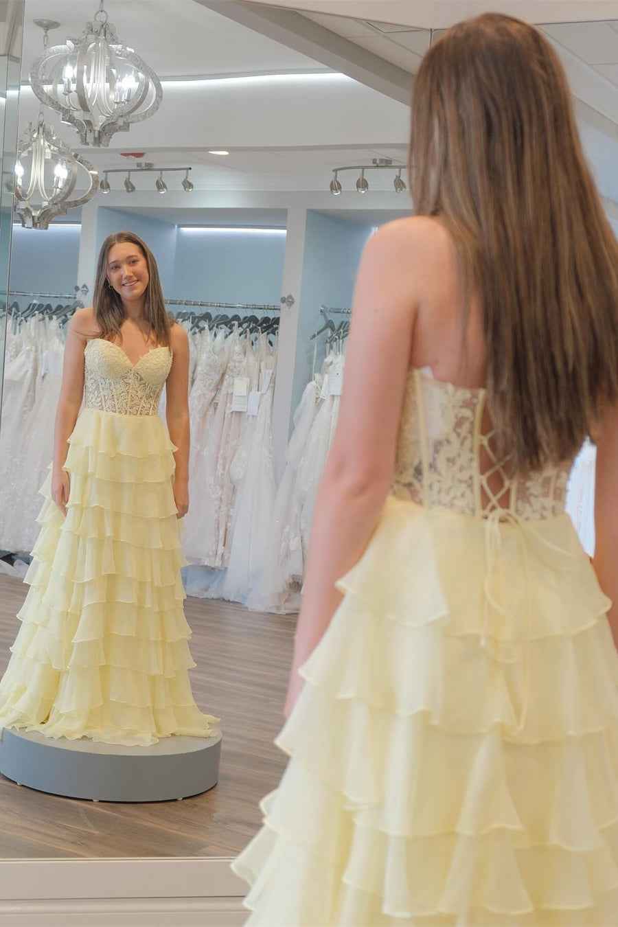 A Line Sweetheart Light Blue Long Tiered Chiffon Prom Dress with Appliques