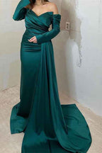 Long Sleeves Front Split Off the Shoulder Mermaid Prom Dress With Ruffles