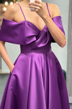 Purple Off-the-Shoulder A-Line Prom Dress with Pockets BM bride