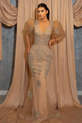 Puff Sleeve Long Mermaid Prom Dress with Beaded Lace Appliques BM bride