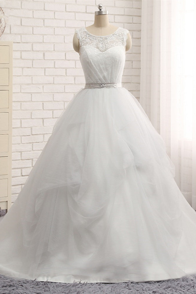 Princess Jewel Neck Long Wedding Dress with Tulle Lace BM bride