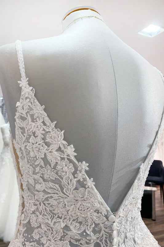 Spaghetti Strap V-Neck A-Line Backless Wedding Dress with Tulle Lace BM bride