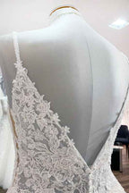 Spaghetti Strap V-Neck A-Line Backless Wedding Dress with Tulle Lace BM bride