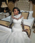 High Neck Wedding Dress with Mermaid Beads and Exquisite Lace Appliques BM bride