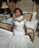 High Neck Wedding Dress with Mermaid Beads and Exquisite Lace Appliques BM bride