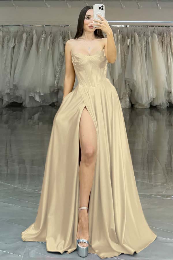 Strapless Sleeveless Long High Split Prom Dress With Pleated