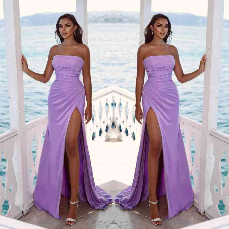 Charming Purple Strapless Sleeveless Long Evening Dress with Slit and Pleated BM bride