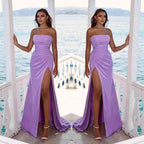 Charming Purple Long Evening Dress Prom Dress Strapless Sleeveless Slit Pleated BM bride