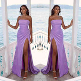 Charming Purple Strapless Sleeveless Long Evening Dress with Slit and Pleated BM bride
