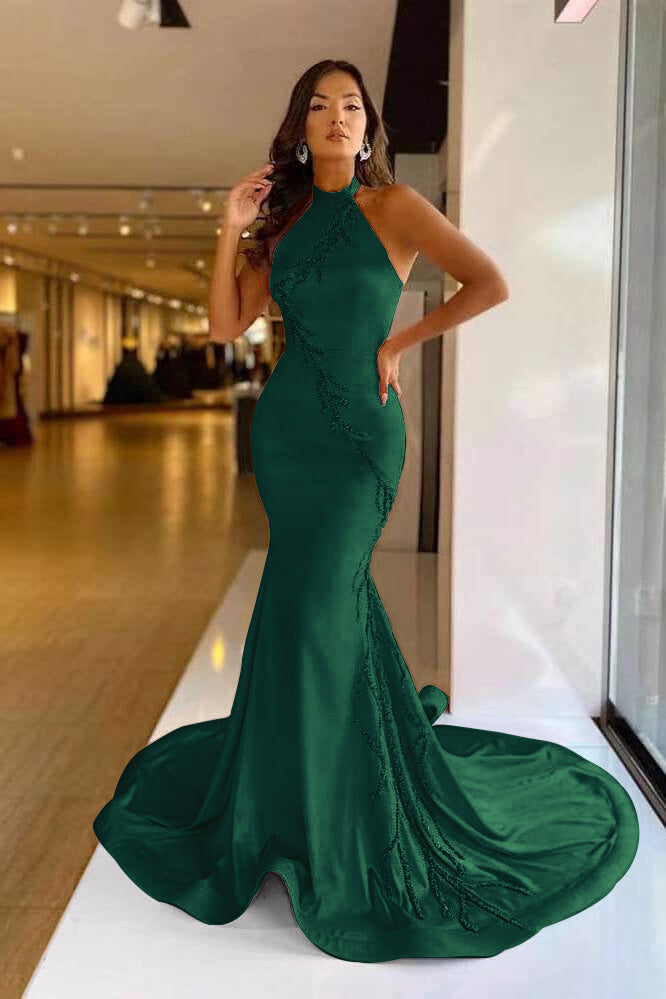 Elegant High Neck Pink Mermaid Prom Dress with Appliqued BM bride
