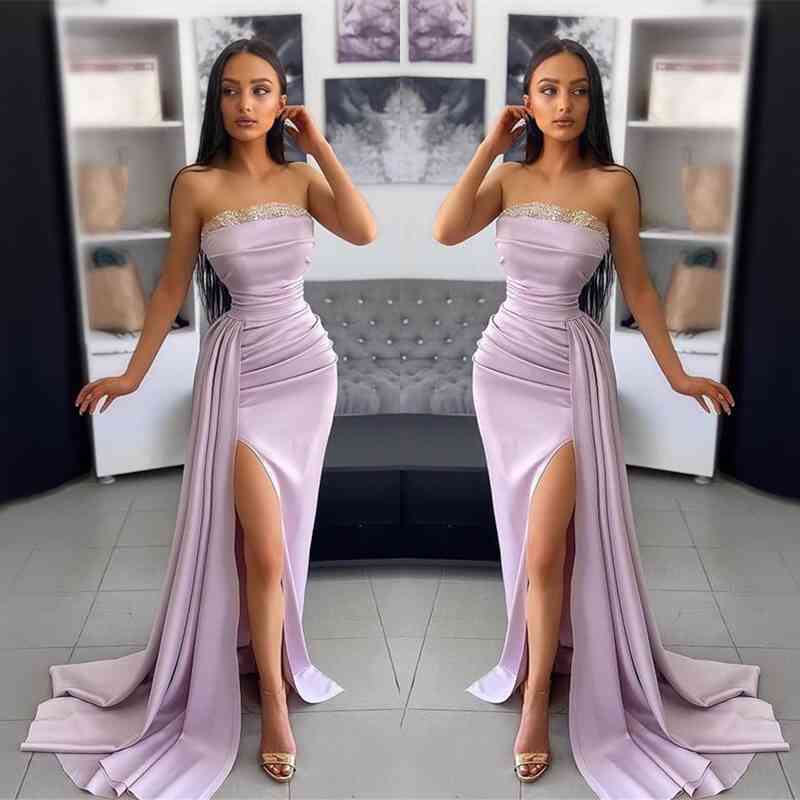 Elegant Lavender Off-the-Shoulder Evening Dress with Pleated Applique Slit BM bride