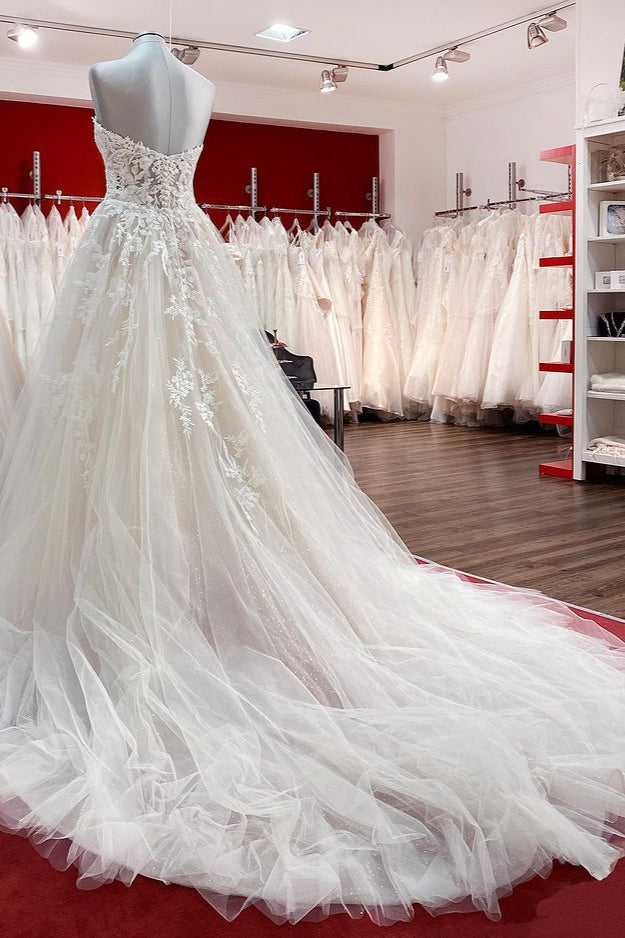 Beautiful Strapless Long A-Line Tulle Ivory Wedding Dress with Lace Appliques BM bride