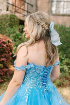 Enchanting Blue Off-the-Shoulder Ruffle Tiered Tulle Long Prom Dresses,Formal Dresses,Prom Gowns,Women Formal Gowns,Quincea?Era Dresses,Cocktail Dresses,Prom Dress Custom Size with Appliques BM bride