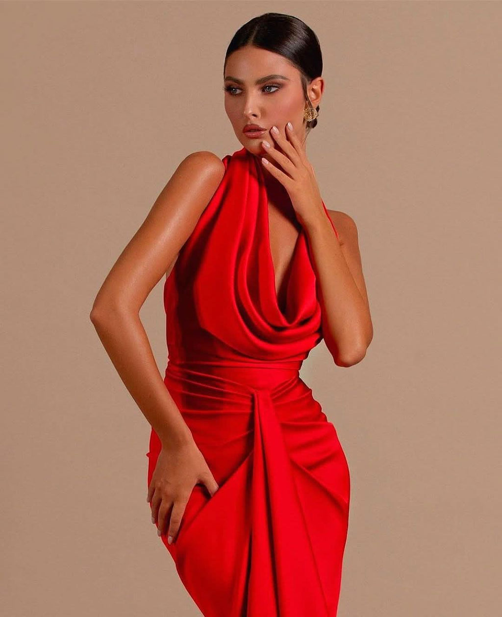 Red Halter Open Back Long Sleeveless Mermaid Prom Dress BM bride