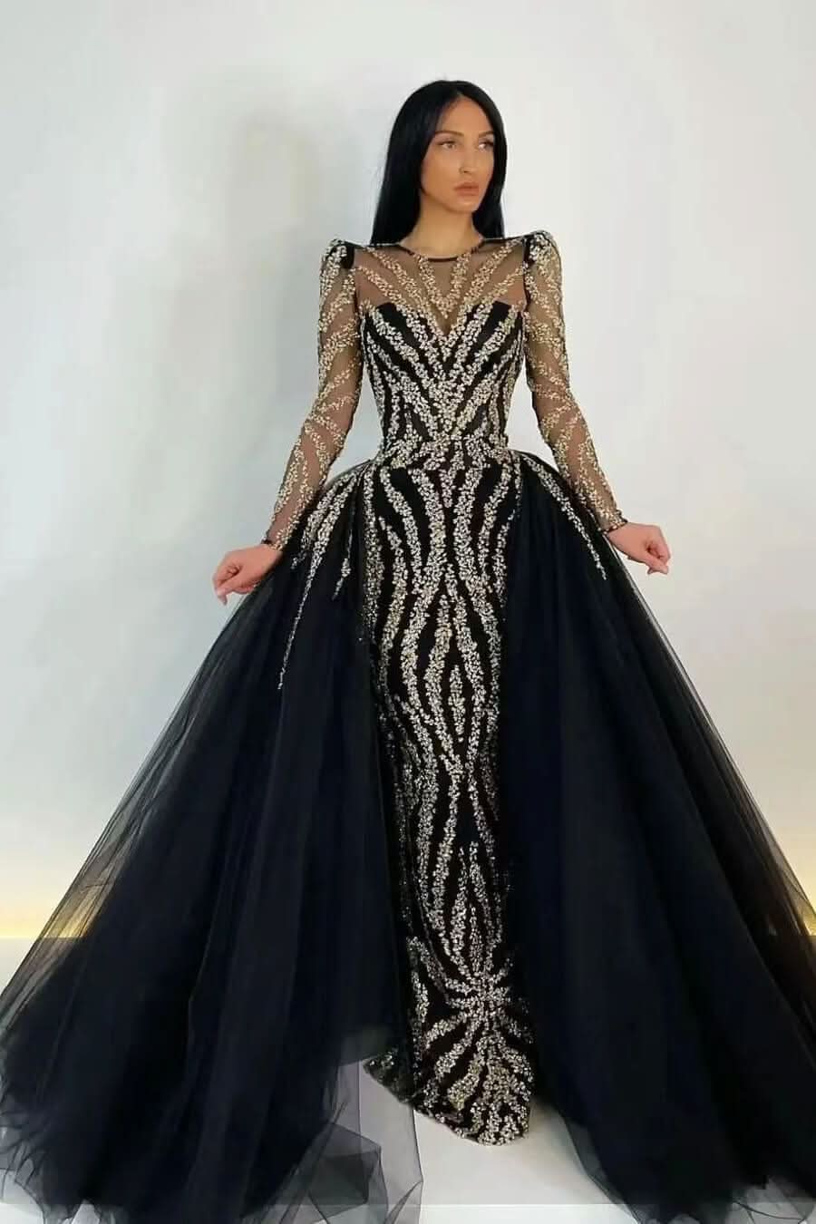 Black Long Sleeve Appliqued Mermaid Prom Dress with Detachable Ruffles BM bride