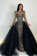 Black Long Sleeve Appliqued Mermaid Prom Dress with Detachable Ruffles BM bride