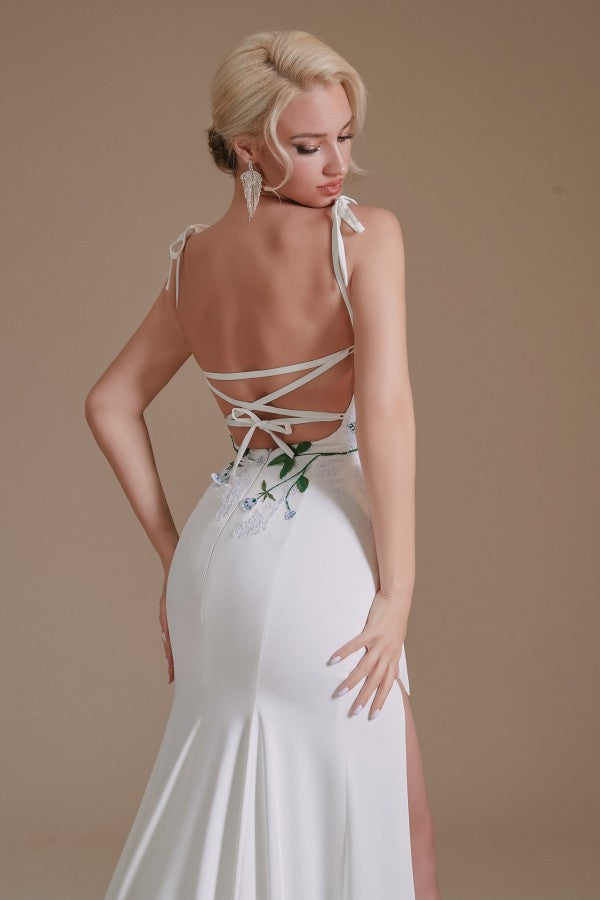 Gorgeous Satin Spaghetti Strap Open Back Long Mermaid Wedding Dress with Slit BM bride