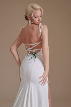 Gorgeous Satin Spaghetti Strap Open Back Long Mermaid Wedding Dress with Slit BM bride