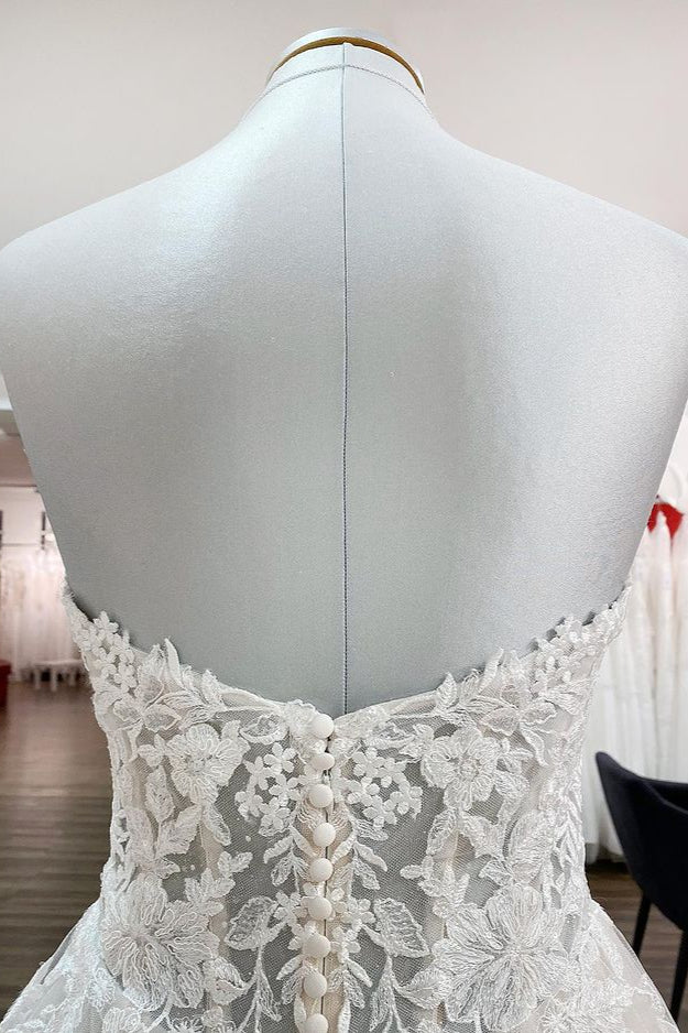 Beautiful Strapless Long A-Line Tulle Ivory Wedding Dress with Lace Appliques BM bride