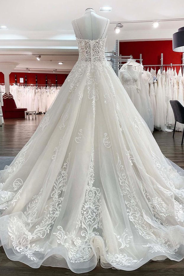 V-Neck Spaghetti Strap Ball Gown Tulle Wedding Dress with Lace Ruffles BM bride