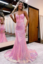 Pink Sequins Spaghetti Strap Long Mermaid Evening Dress BM bride