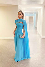 Blue Sleeveless Strapless Long Pleated Prom Dress With Shawl