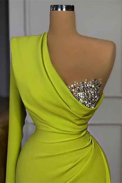 Mermaid One Shoulder Elegant Sequins Pleated Prom Dress With Long Sleeve