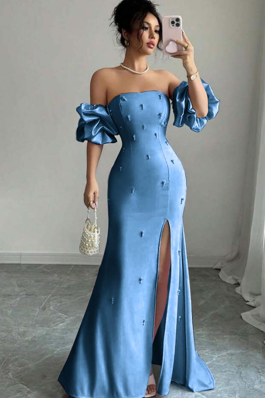 Strapless Bubble Sleeves Long Split Prom Dress With Beading BMBRIDE