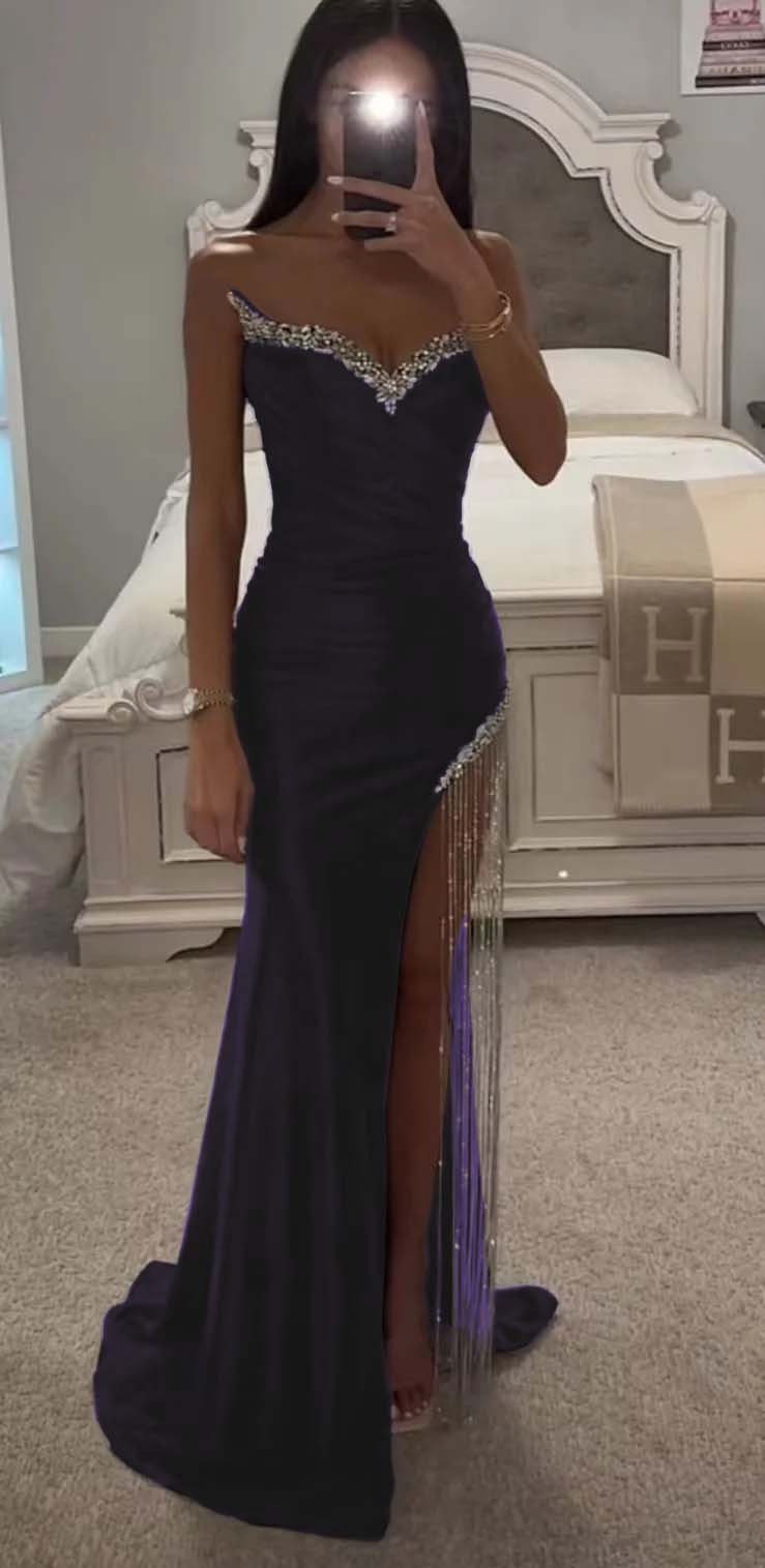 Strapless Sleeveless Long Mermaid Prom Dress With Split Tassel Beading BMBRIDE