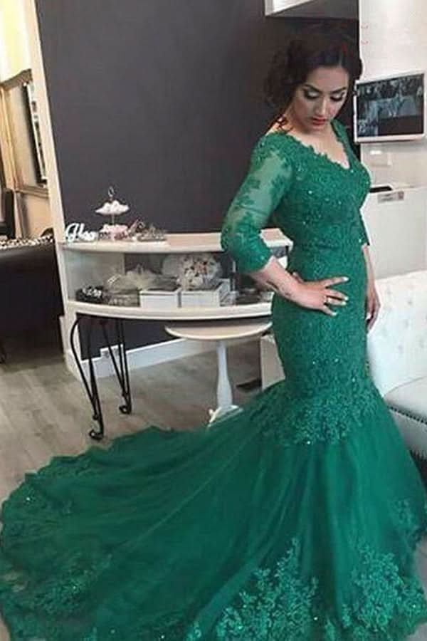 Emerald 3/4 Sleeve V-Neck Mermaid Prom Dress with Lace Appliques BM bride