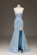 Spaghetti Strap Sleeveless Mermaid Appliques Long Prom Dress With Front Split