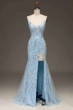 Spaghetti Strap Sleeveless Mermaid Appliques Long Prom Dress With Front Split