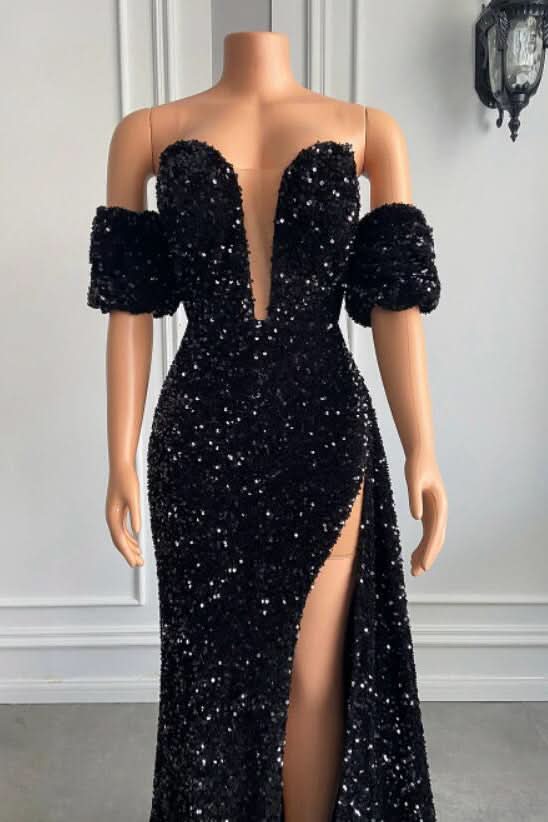 Bubble Sleeves Strapless Mermaid Prom Dress with Split BM bride