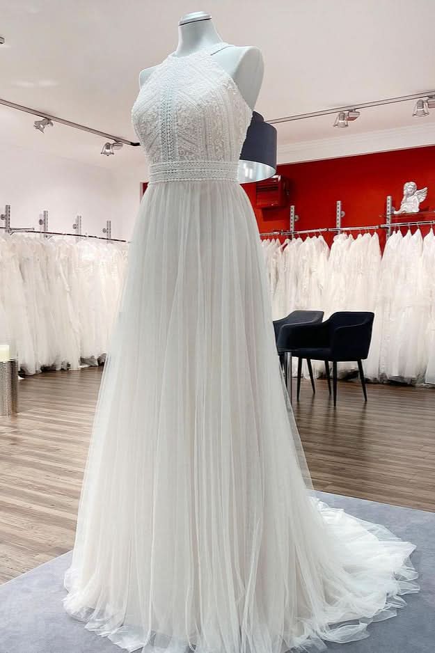 Long A-Line Halter Backless Wedding Dress with Tulle Lace BM bride