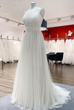 Long A-Line Halter Backless Wedding Dress with Tulle Lace BM bride
